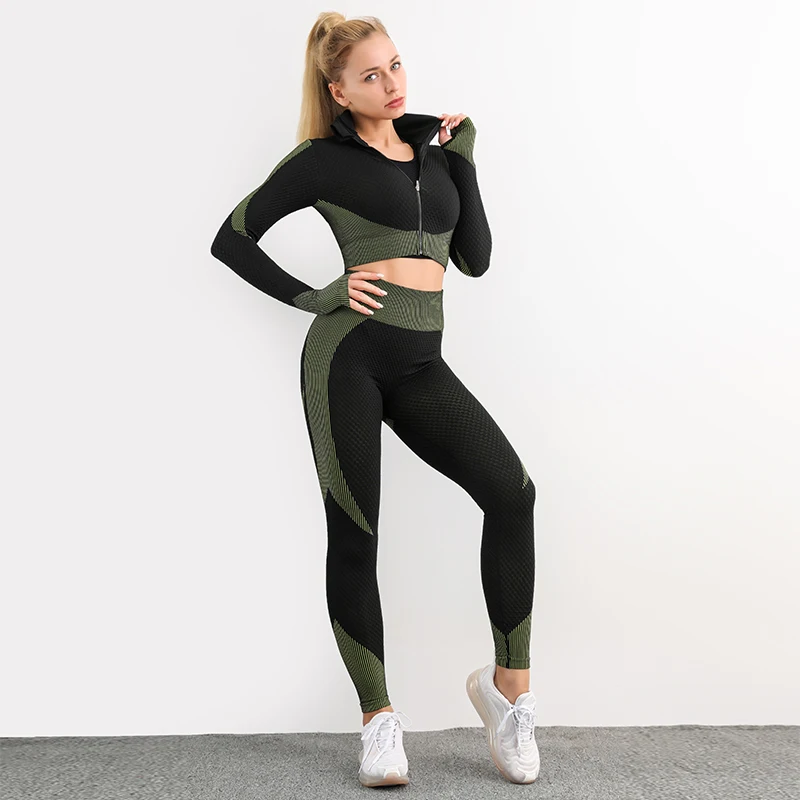 2Pcs Long Sleeve  Sports Seamless Gym Leggings Crop Top Jacket Fitness Sportswear Tracksuit Women Yoga Set