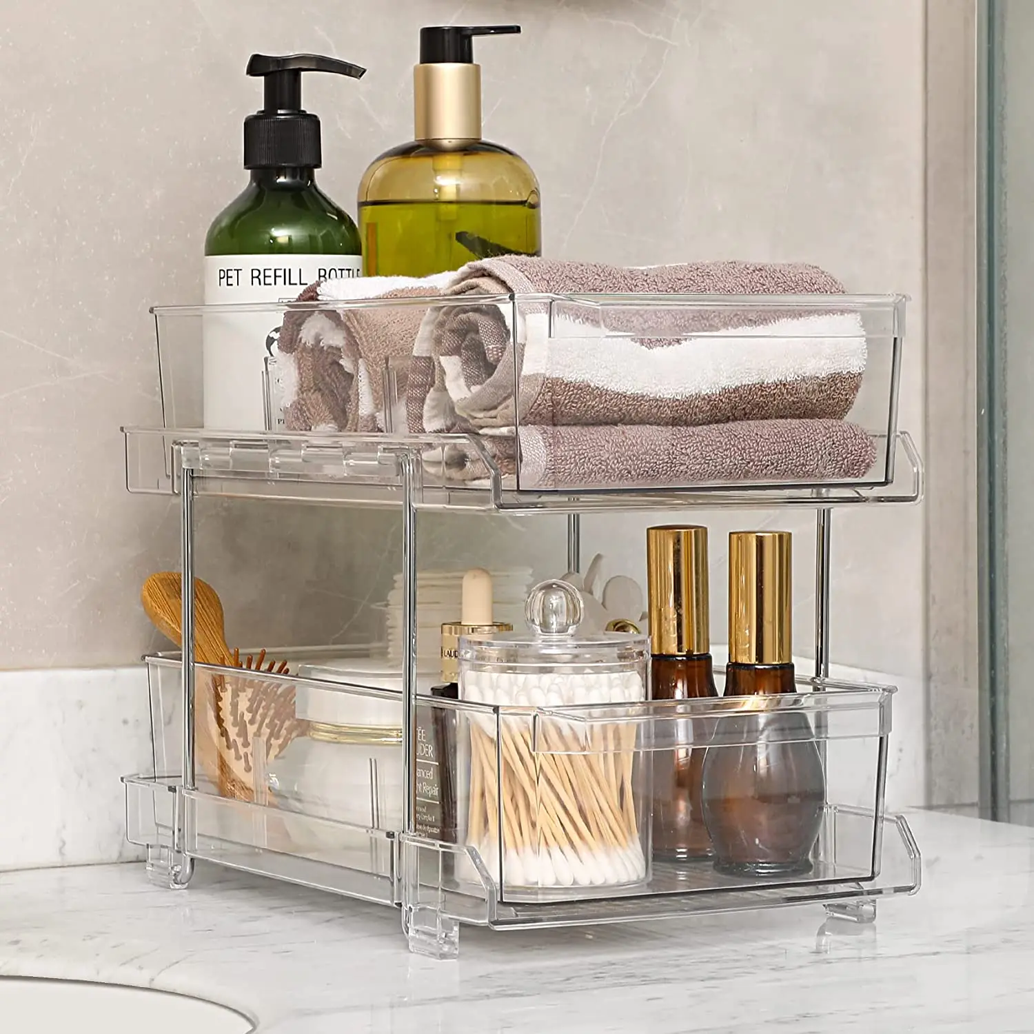 2-Tier Clear with Removable Dividers Slide-Out Plastic Storage Bins Bathroom Under Sink Organizer Kitchen Fridge Bins Wholesale