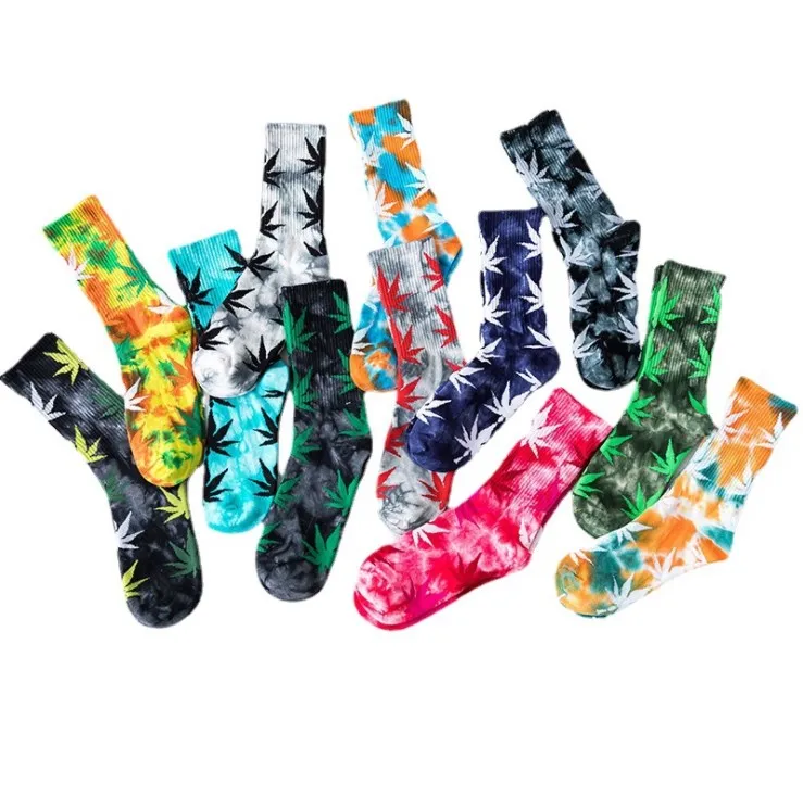 2021 High-quality Tie-dyed Maple Leaf Socks Long Fashion Weed Sox  Men Skateboard Hiphop  Meias Women Couple Socks