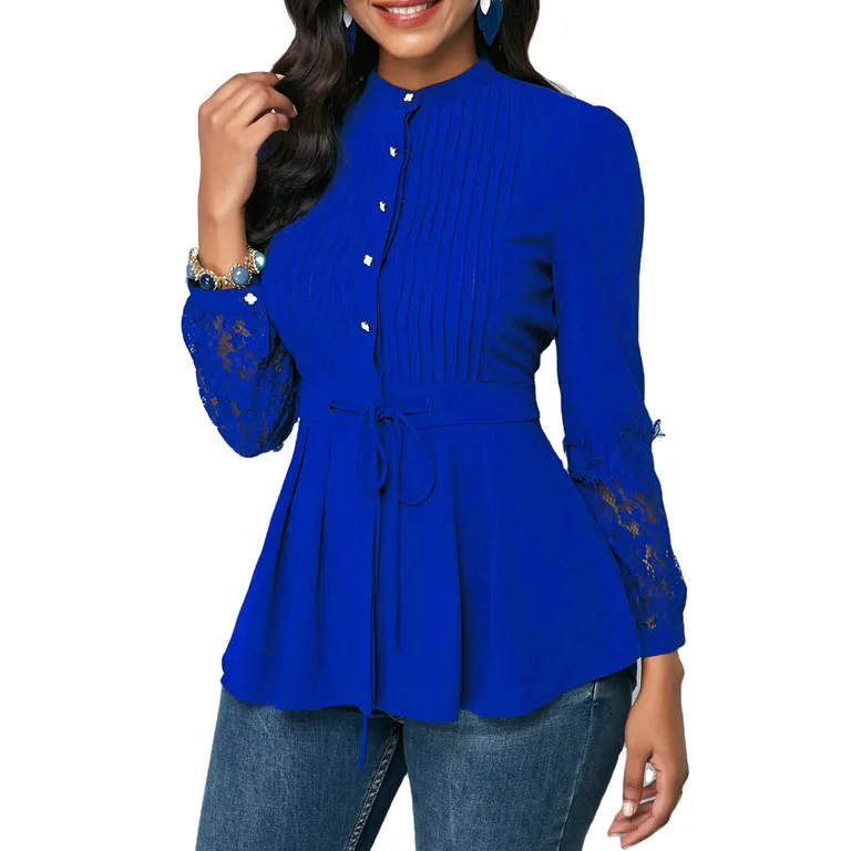 Autumn Office Ladies Lace Long Sleeve Career Shirts Peplum Chiffon Tops Plus Size Womens Blouses