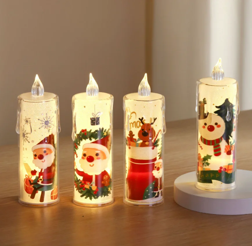 Christmas Flameless Candle Santa Claus Snowman Decals Battery Operated Xmas Themed LED Candles Festival Holiday Decorations
