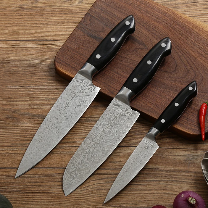 Hot Selling 3PCS  Kitchen Damascus Chef Knives Japanese Santoku  Utility Knife Damascus Steel Laser Pattern Kitchen Knife Set