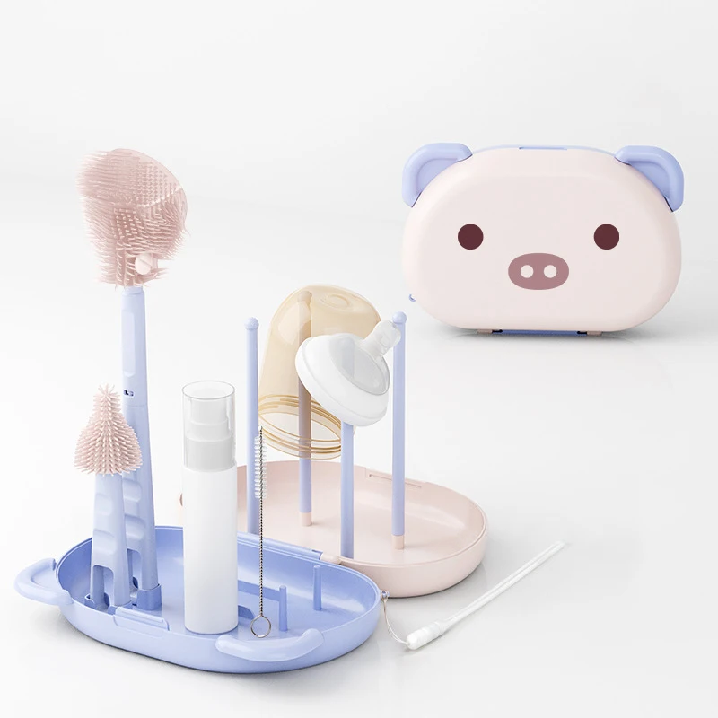 3 In 1 Baby Water Bottle Cup Cleaning Silicone Brush Set 360 Degree Rotating Straw Nipple Nylon Brush With Storage Drying Rack