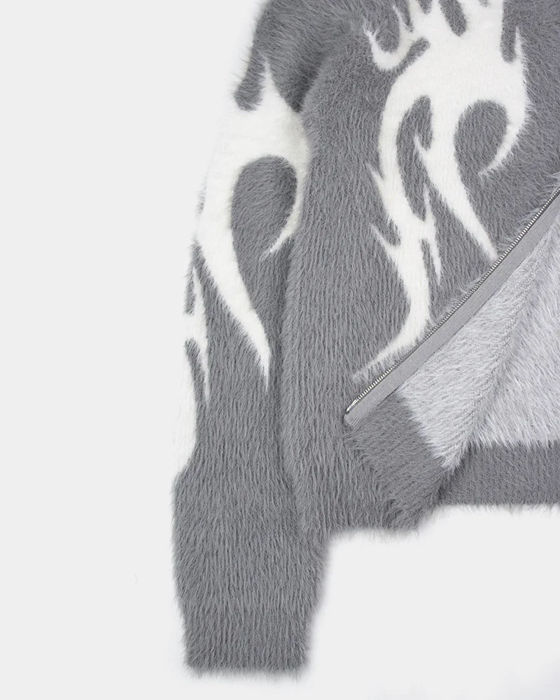 Custom Design Mohair Zip Hoodie Men Winter Knit Fuzzy Fluffy cardigan Oversized Knitwear Sweater Jacquard Mohair Hoodie Jacket