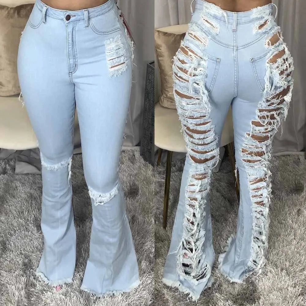 2021 women denim pants fashion flare trend bell bottom distressed denim ripped jean women