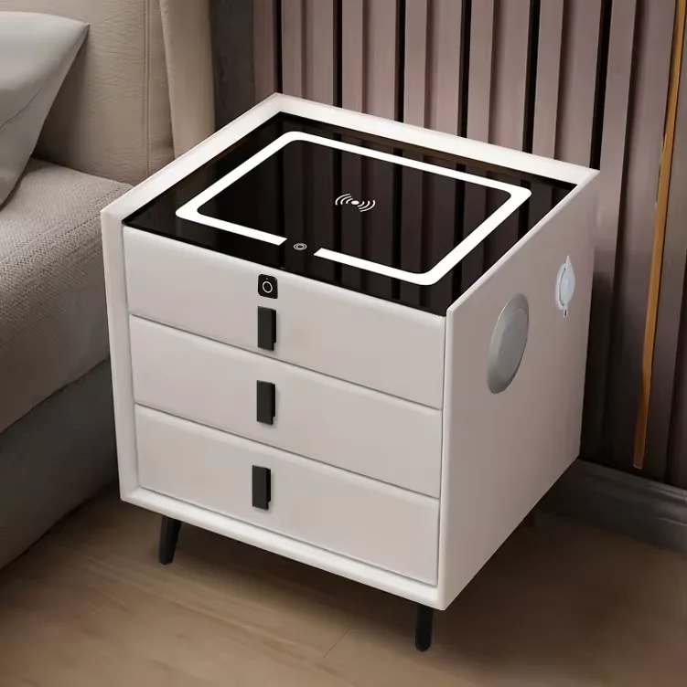 Nightstand Touch Sensing Led Light Dual Usb Smart Wireless Charger Speaker Design Fingerprint Lock Bedside Table