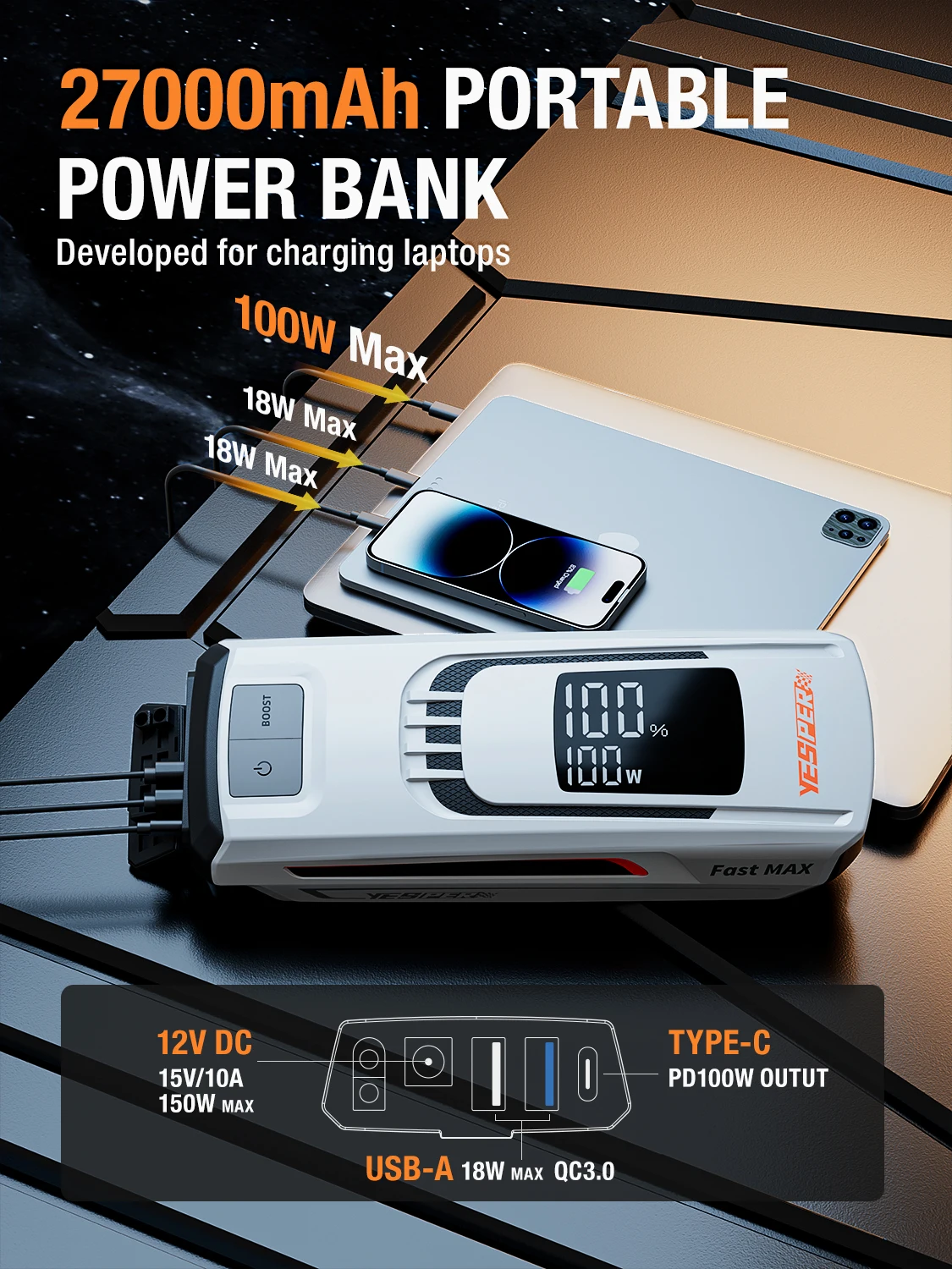 yesper best quality jump starter fast charging car booster with large screen portable battery booster