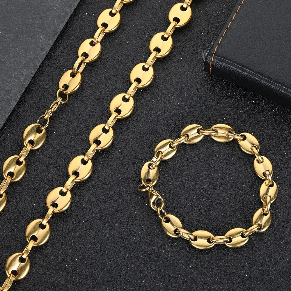 Wholesale Hip Hop Couple Stainless Steel Coffee Bean Chain Versatile Pig Nose Titanium Steel Lock Bone Chain