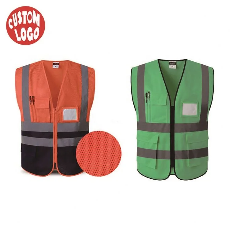 Logo Print OEM Wholesale Industrial Reflective Strips Construction Traffic Safety Vest With Zipper And Pocket