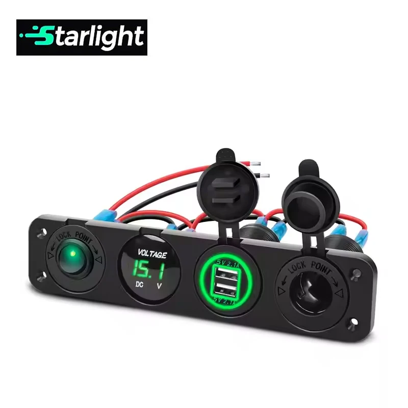 4 in 1 ON/Off Charger Socket Panel Dual USB Socket Power Outlet LED Voltmeter Cigarette Lighter Socket for Truck Car Marine Boat