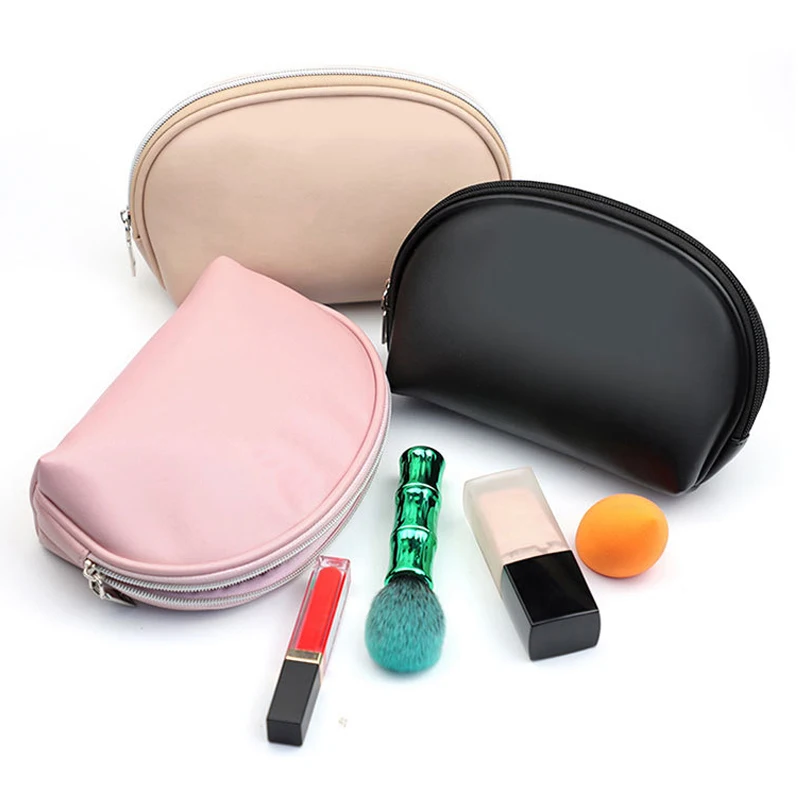 custom popular half round makeup cosmetic pouch travel lipstick eyeshadow organizer waterproof pu leather shell pink make up bag