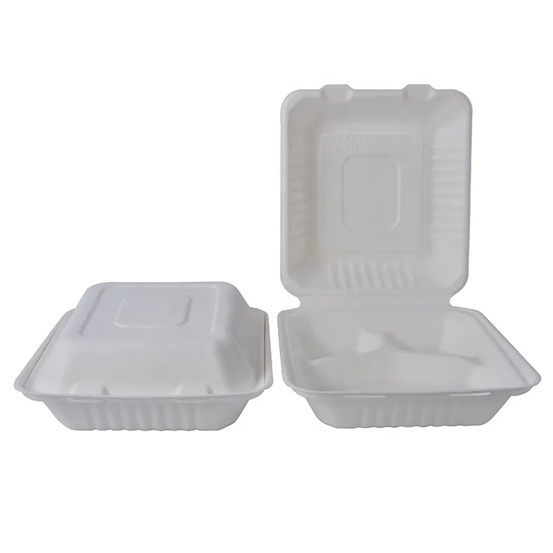 Disposable clamshell food containers compostable sugarcane bagasse lunch box plate dish oval round white & brown