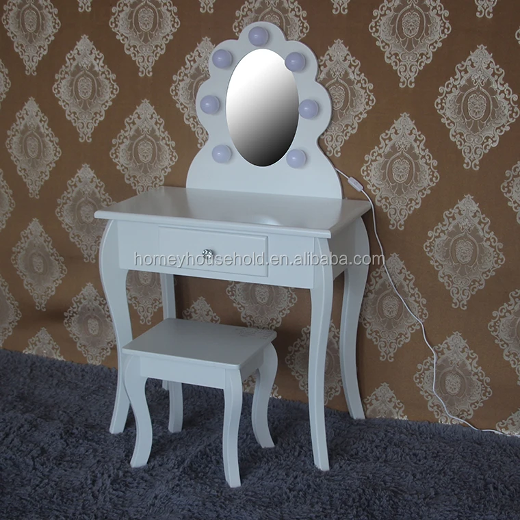 
Wooden Bedroom Furniture Makeup Vanity Desk LED Lighted Mirror Princess Dressing Table Set 