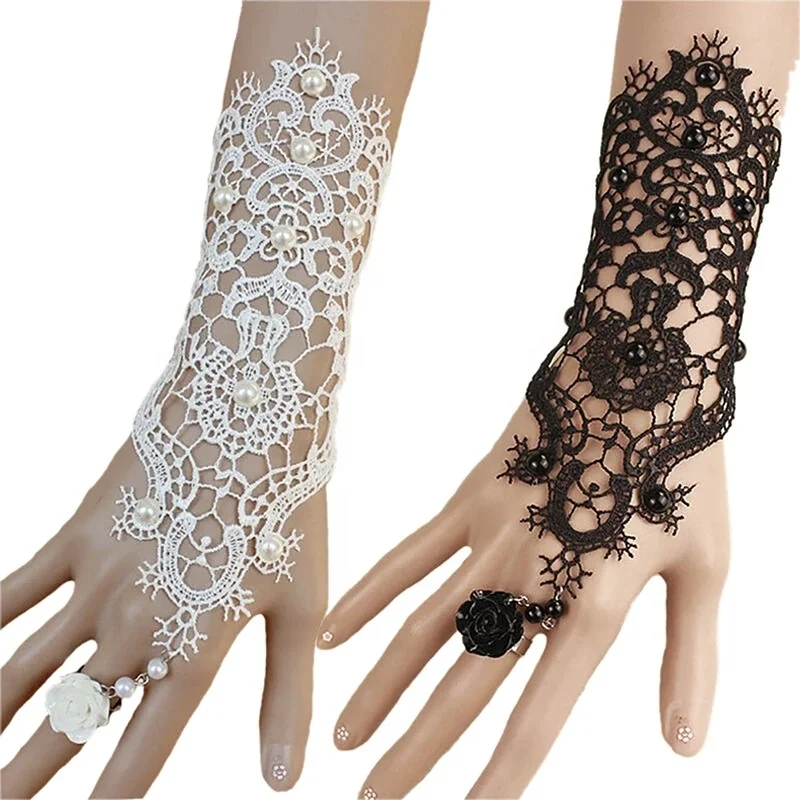 
 RY Women Gloves Accessories Rose Beads Flower Lace Glove Goth Style Adjustable With Ring Long Bracelet For Women  