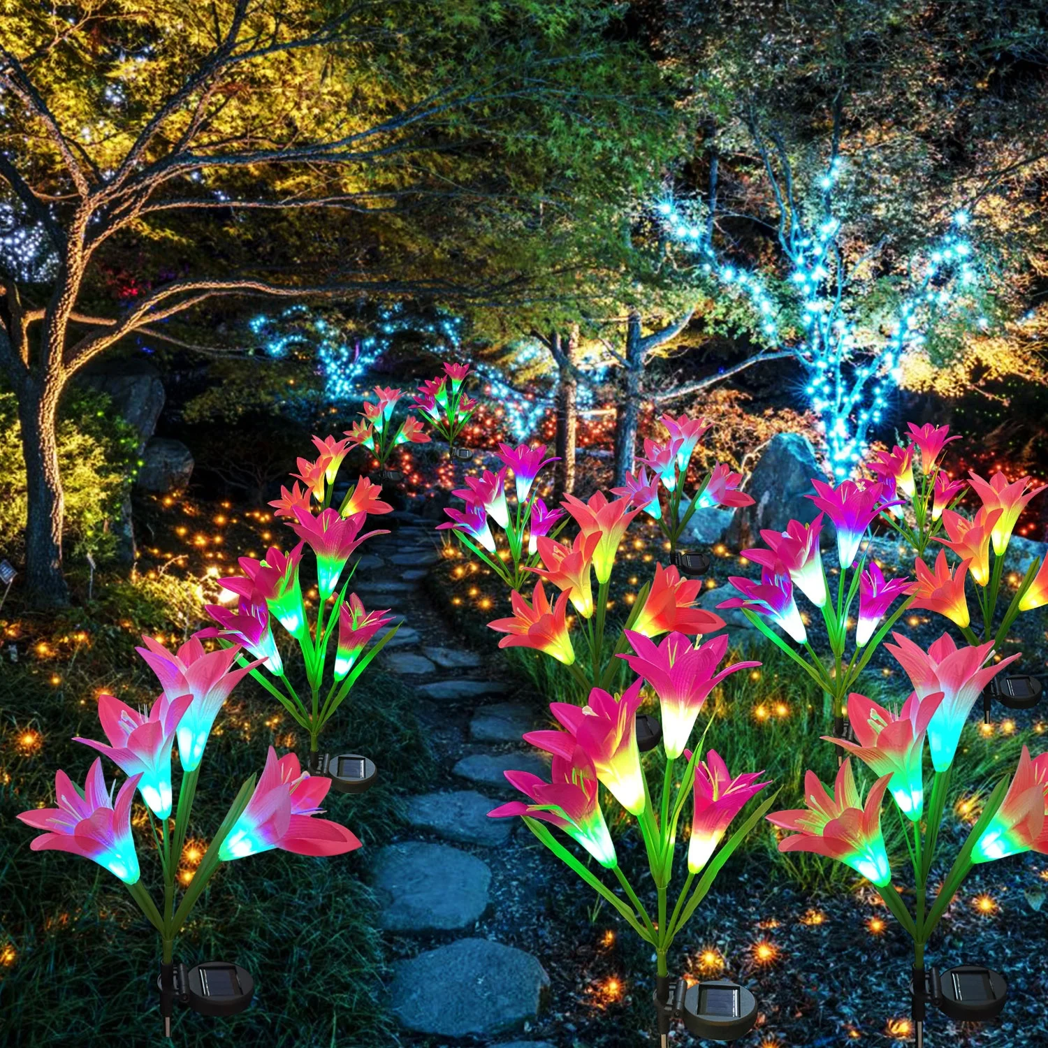 Outdoor Waterproof LED Solar Lily Lantern RGB Decorative Warm White Stainless Steel Body IP65 Christmas Style Patio Landscape