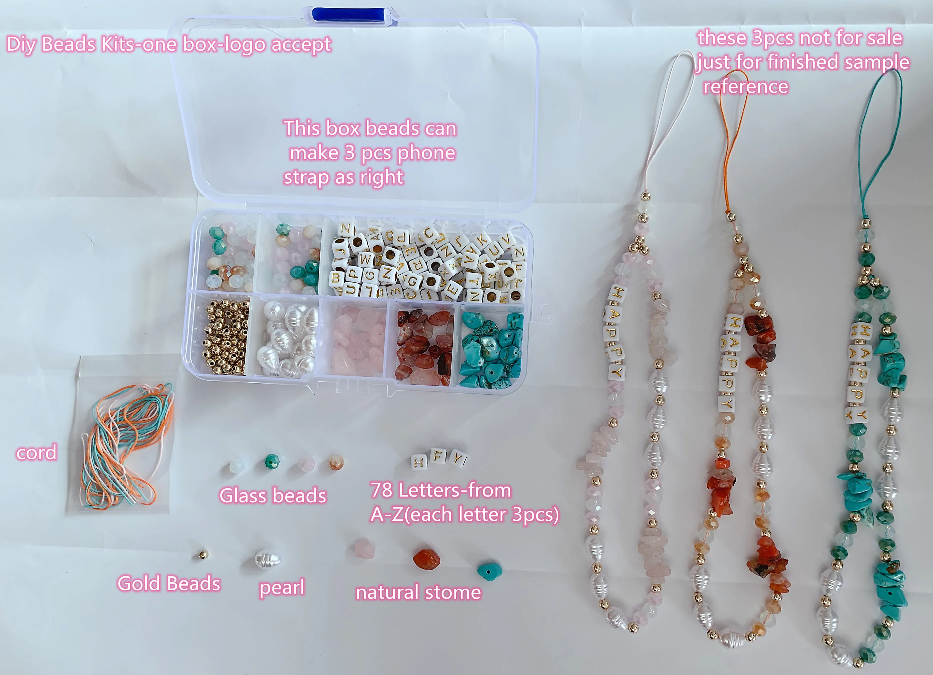 Fashion Diy Pink Rose Quartz Chips Cell Phone Chain Custom Logo Cute Pearl Beaded Mobile Phone Charm Straps