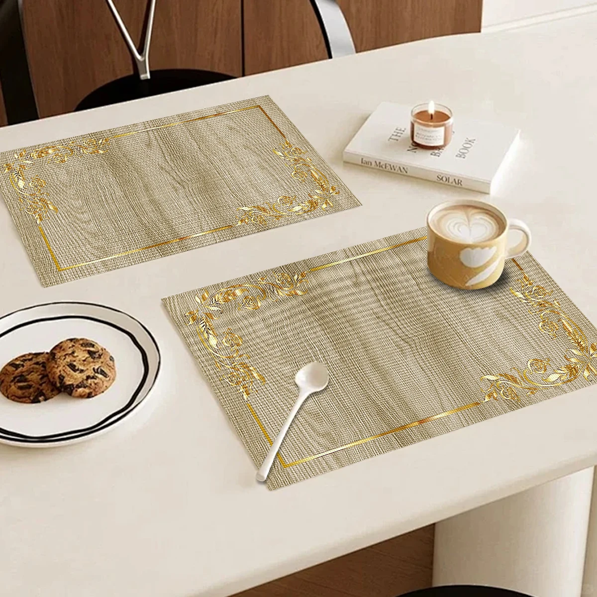 Wholesale Luxury Linen PVC Placemats Wood-Grain Design with Gold Edges for Kitchen Home Banquets Wedding Occasions Everyday Use