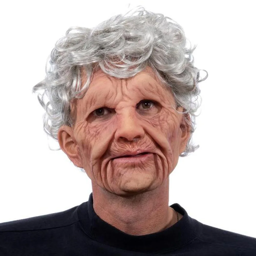 Halloween Mask White-haired Old Women Man Horrific Human Funny Creepy Scary Full Head Latex Realistic Mask