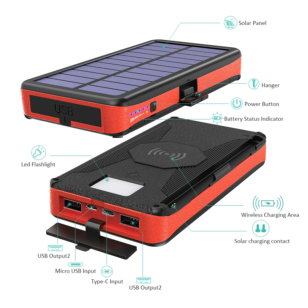 portable solar generator rugged case 16000mAh QI Wireless charger Solar power bank for hiking backpacker