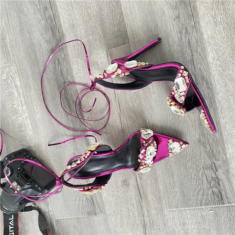 Rhinestone fashion 2022 new high heeled pointed bride wedding shoes women crystal stiletto sandals rope sandal