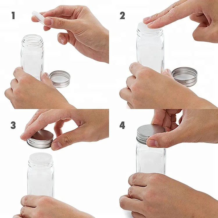 Eco Friendly Kitchen 4oz 120ml Square Set Salt Pepper Spice Jar Glass Storage Container Jar with Shaker Aluminum Lids and Label