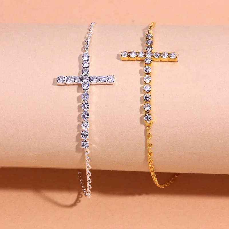 2022 Simple Single Row Blingbling Rhinestone Diamond Foot Chain Ankle Bracelet CZ Crystal Cross Anklet for women