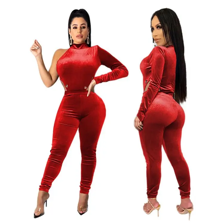 
1219M100 new stylish round neck one shoulder velvet bodysuit and pant Winter Clothes Outfits Women Two Pieces 