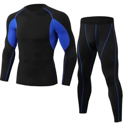 Training Bodybuilding Sport 2 Piece Pants Compression Pants Long-Sleeve T-Shirt Compression Short Tights Men Set