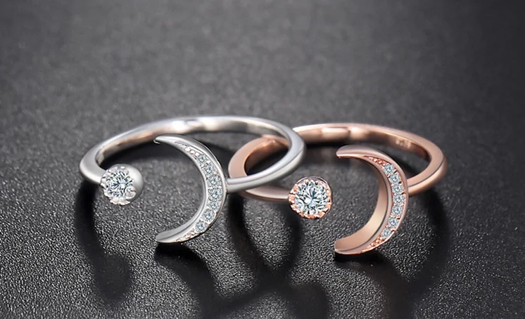Wholesale Sterling Silver 925 Simple temperament Finger Ring  shiny crystal ring Moon and Sun  Adjustable for woman jewelry