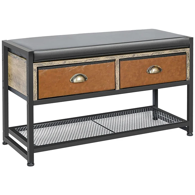 Bench with leather drawer, cushioned top stool at bed end of bedroom, used to store shoes