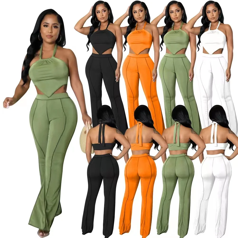 J&H fashion two piece set plus size women clothing patchwork halter crop top and bell bottom pants set slim fit sexy outfits