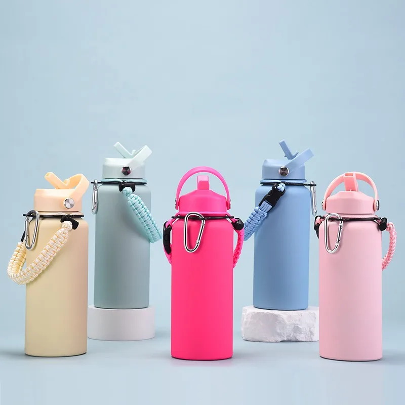 1000ML Large Capacity Stainless Steel Double Wall Vacuum Water Bottle with Straws and Braided Rope Portable Water Drinking Cup