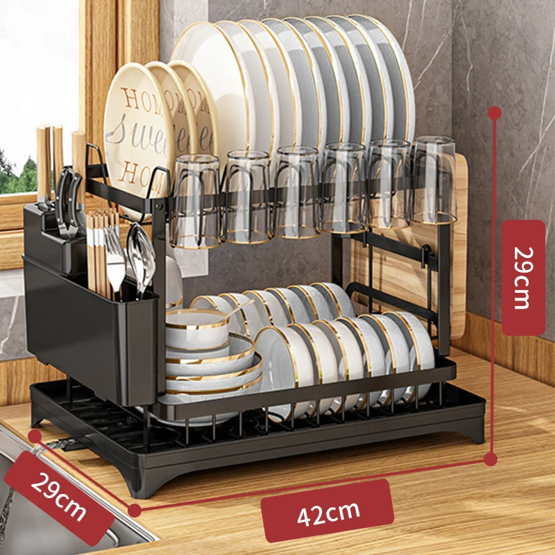 Kitchen Metal 2 Tier Dish Rack Drainboard Set Folding Drying Rack Drainer With Cutlery Drainer