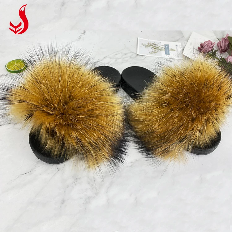 
Fashion summer custom logo soft EVA sole luxury fluffy pink slides furry slipper women 