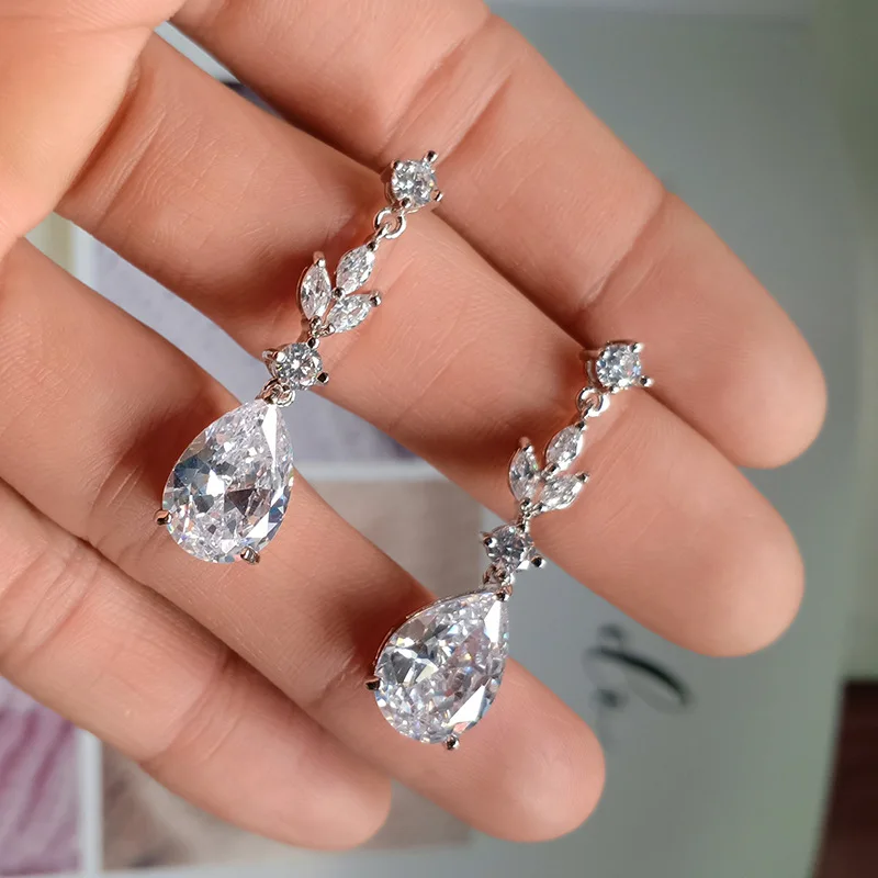 White Gold Plated Pear Cut Cubic Zirconia Crystal CZ Zircon Drop Earrings for Women Bride Bridesmaid