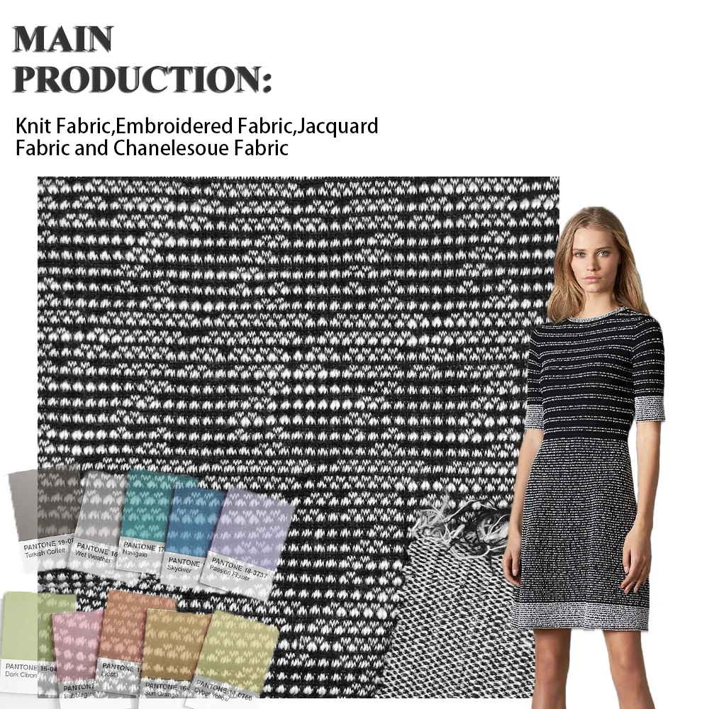 New trends Cchanel-style black lattice pattern knitted 51% Polyester 22% Rayon 26% Cotton yarn dyed jacquard fabric for dress