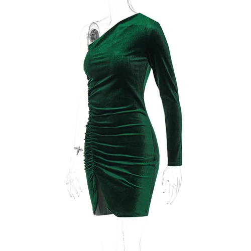 Vintage Elegant Green Velvet Dress Single Sleeve Slim Fit Pleated Wrapped Hip Dress for Women