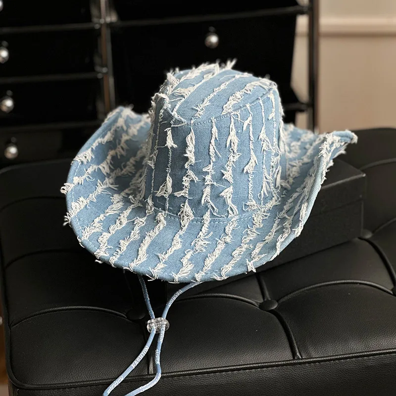 Unisex Retro American Blue Western Cowboy Hat with Sun Protection Brim Summer Travel Shade for Adults Outdoor Sports Scene