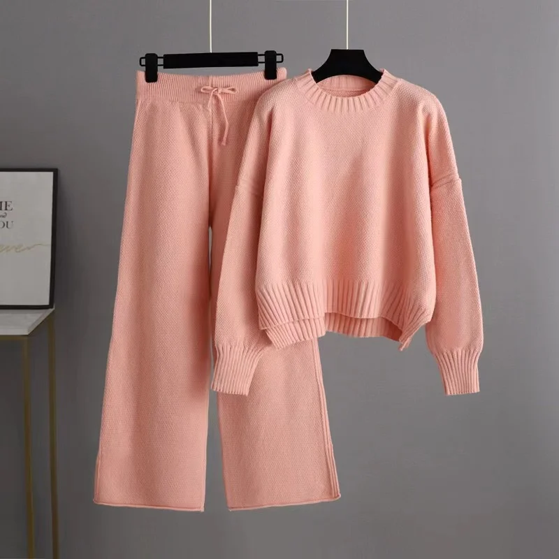Winter 2023 Plus Size Ladies Sweater Wool Cashmere Knit Trousers and Sweater Two Piece Set