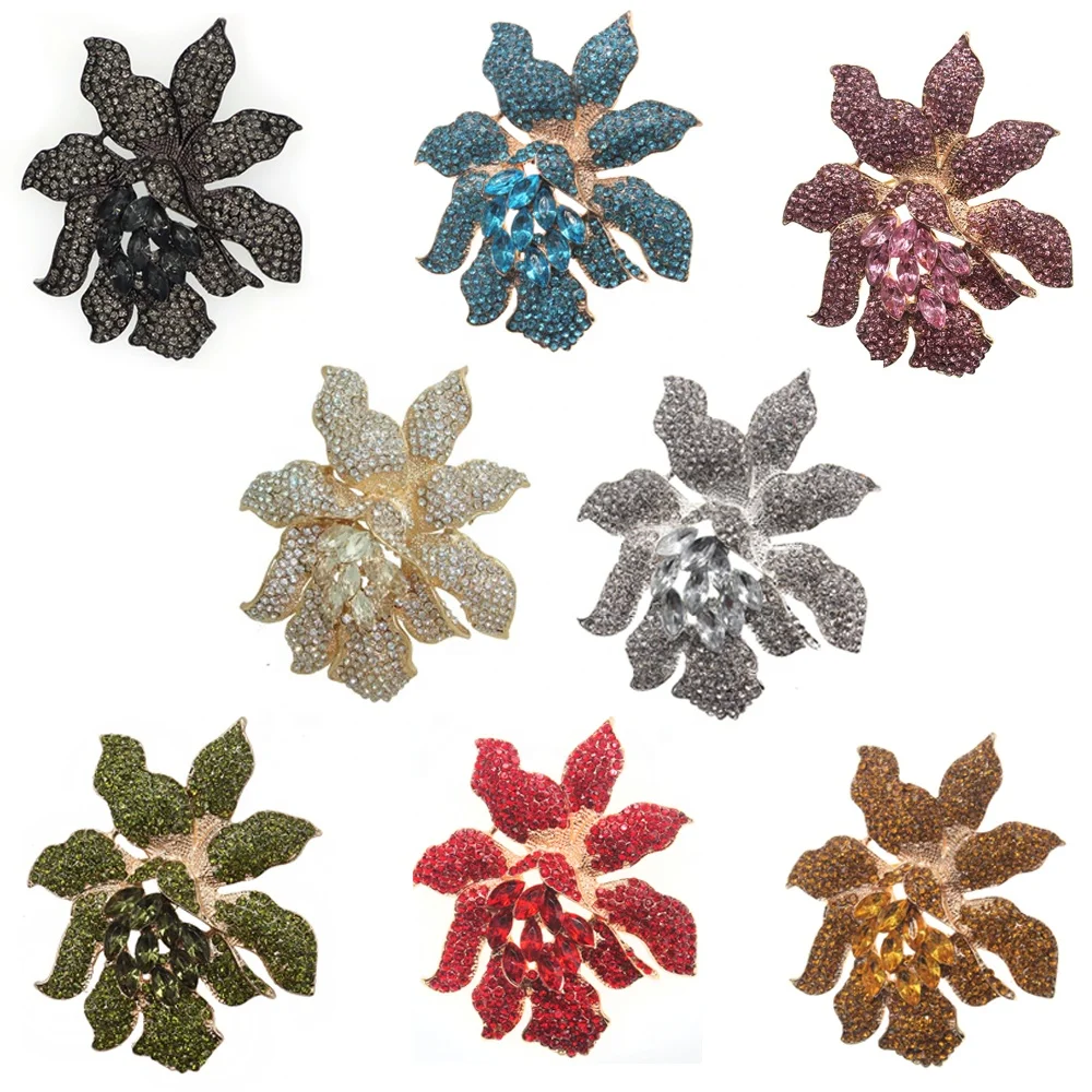 Fashion Jewelry Crystal Rhinestone Orchid Flower Brooches For Women Lady Gift