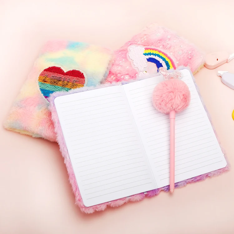 Wholesale A5 Journal Diary Colorful Rainbow Design Plush Notebook with Sequins Patch for kids