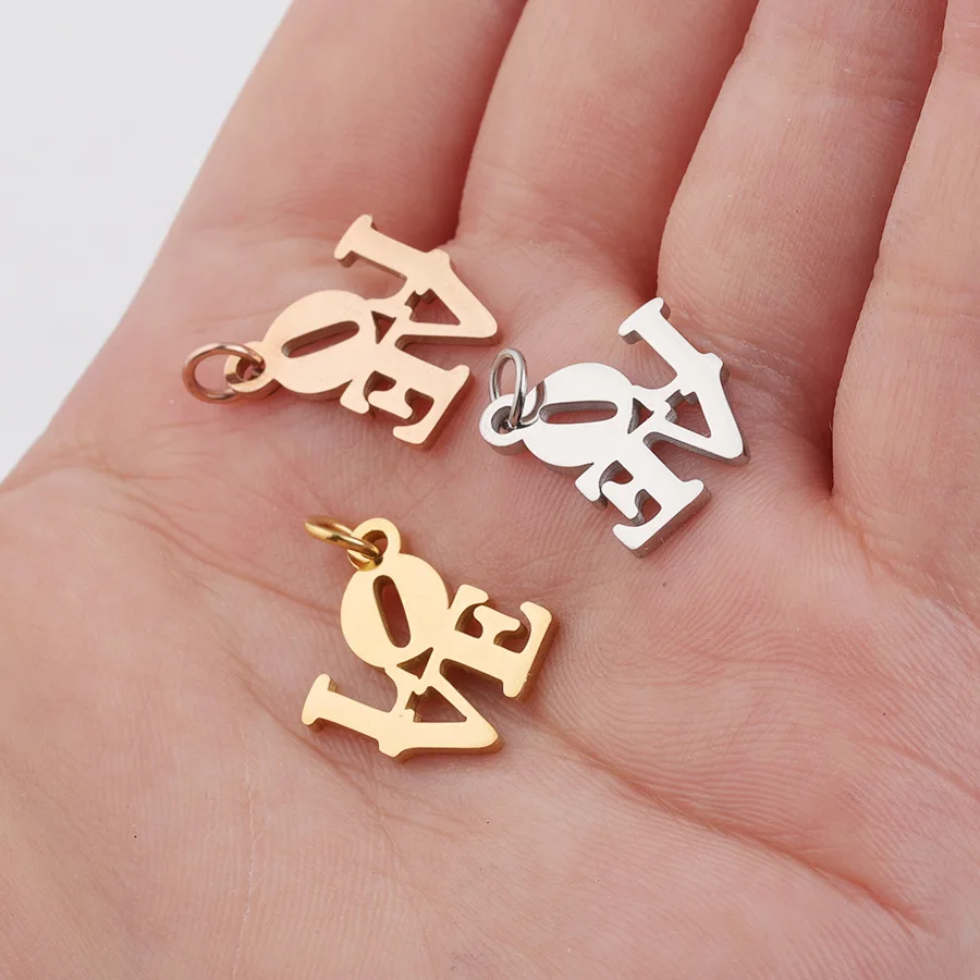 Factory Cheap Wholesale Hollow LOVE MirrorPolished Small Pendant Charm For Lovers DIY Handmade Stainless Steel Necklace Jewelry