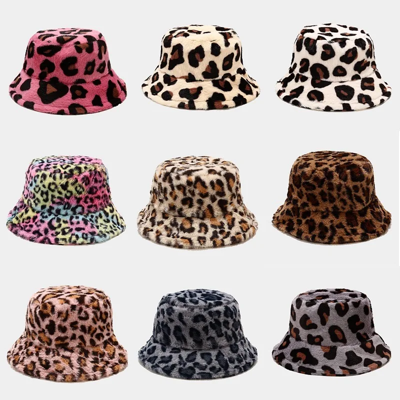 Wholesale Fashion Leopard Printed Pattern Warm Winter Faux Fur Furry Bucket Hat Fluffy Plush Fisherman Cap