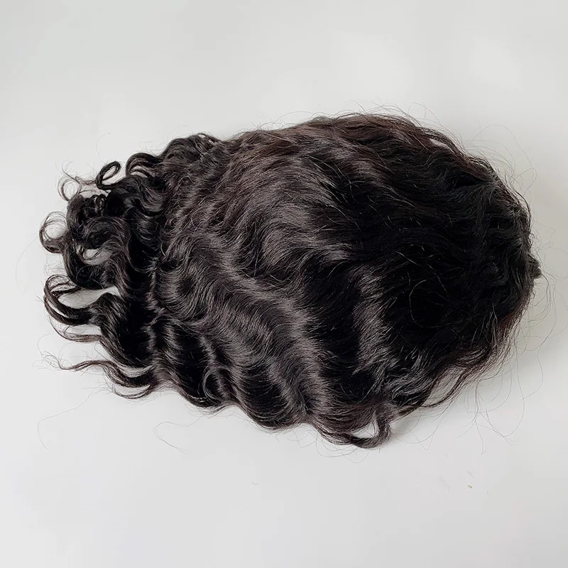 Customized real Remy Human Hair 110% density 1b 8x10 14 inch curly full hand made lace base Replacement System toupee for men