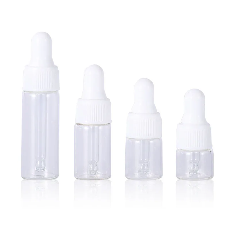 
lucency 1ml 2ml 3ml 5ml mini dropper bottle with white rubber bubble top and glass pipette 