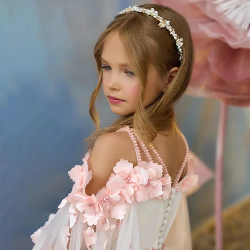 Vivid Pearls Shoulder Strap Flower Haute Couture Pink Satin High Quality Wedding Birthday Girl Princess Party Dress with Train