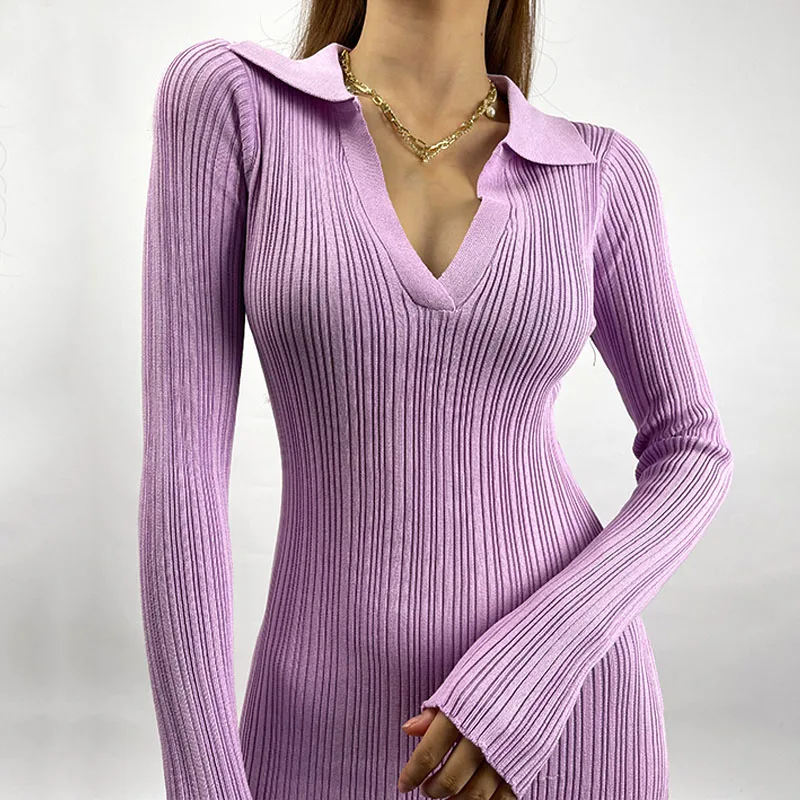 10 Colors Women Korean Knitted Dress Long Sleeve V Neck Elastic Slim Pencil Dresses 2021 Autumn Sexy Bodycon Split Sweater Dress