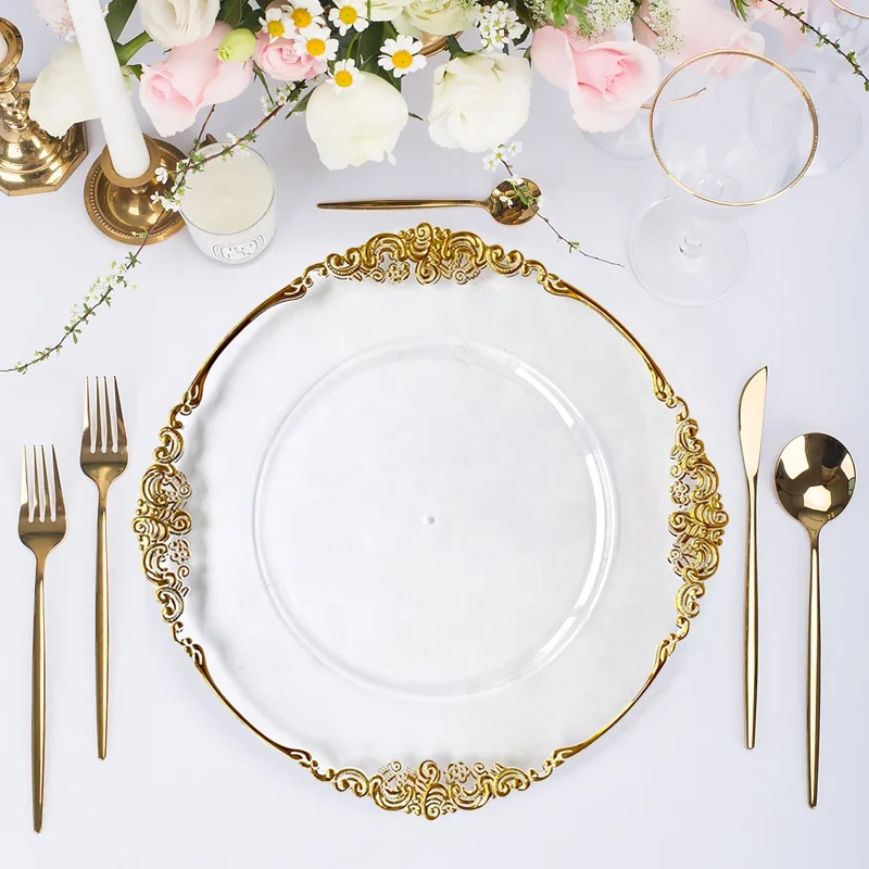luxury cheap wholesale round transparent plastic reef silver rose gold rim beaded clear charger plates wedding decoration rustic