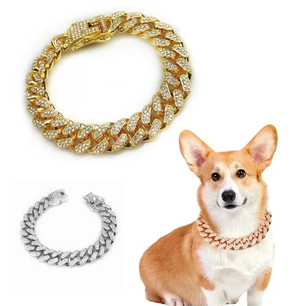 Wholesale Luxury Stainless Steel Rhinestone Pet Metal Chain Collar Dog Cat Jewelry