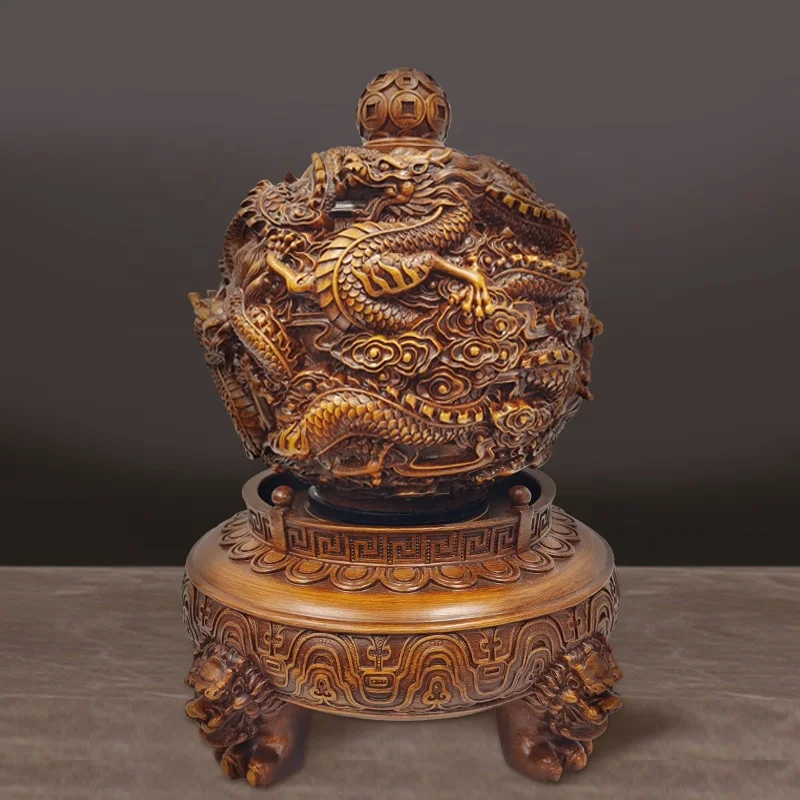 Traditional Chinese Feng shui figurines decorated wood grain color resin dragon ball statue crafts home decoration sculpture